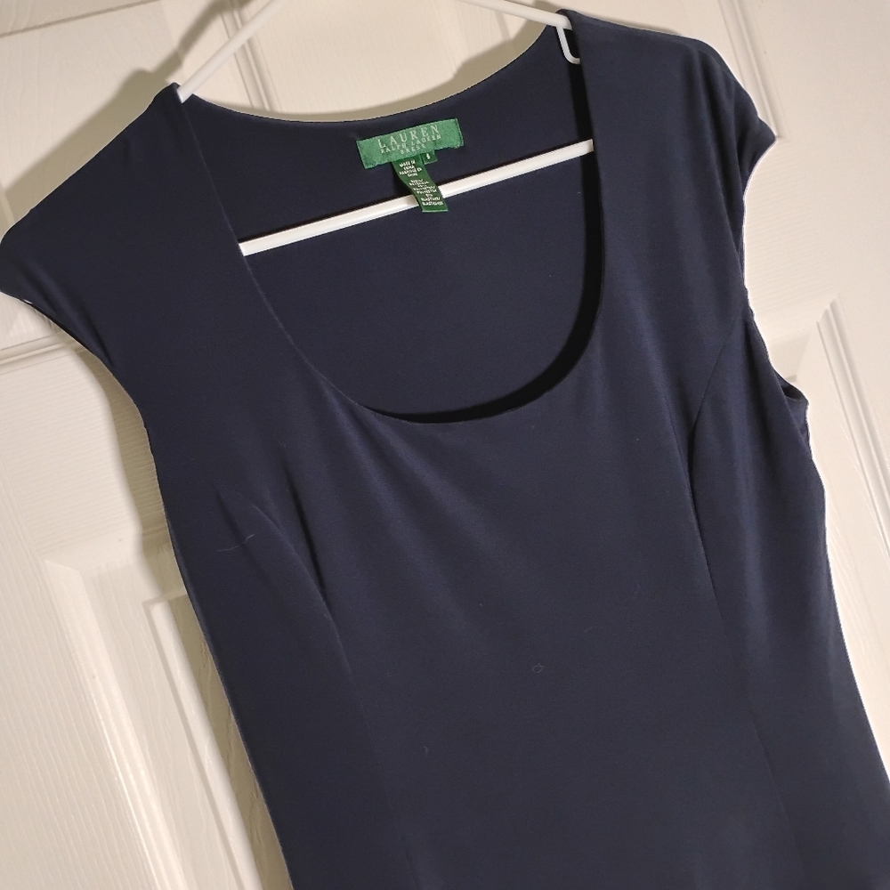 Navy Blue Knit Dress LAUREN Ralph Lauren Scoop Neck Cap Sleeve Size 6 - Picture 2 of 7
